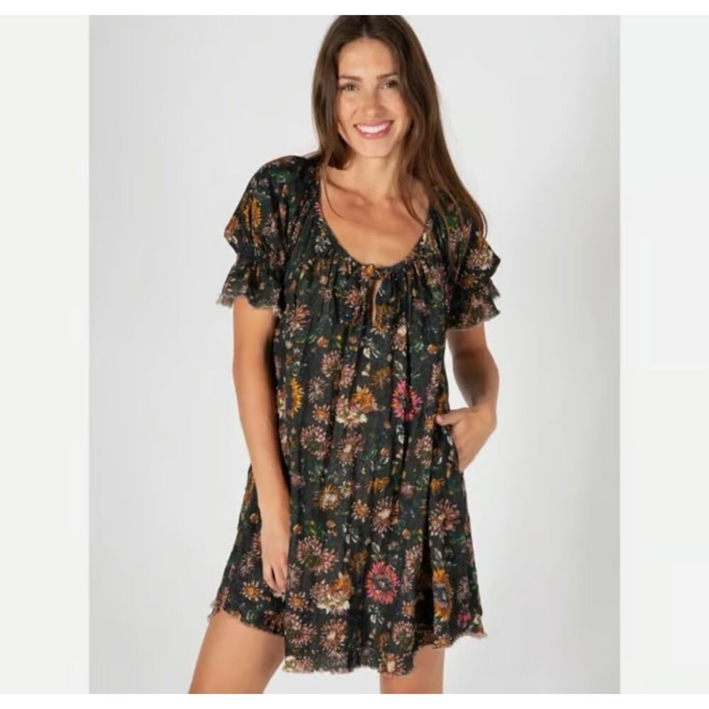 Natural Life Sienna Black Floral Boho Mini Dress L/XL Cottagecore Fairy Granola